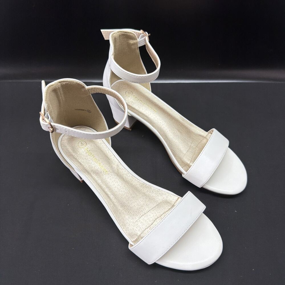 Hehainom Girls Heels Sandals Ankle Strap Dress White Shoes Size 4